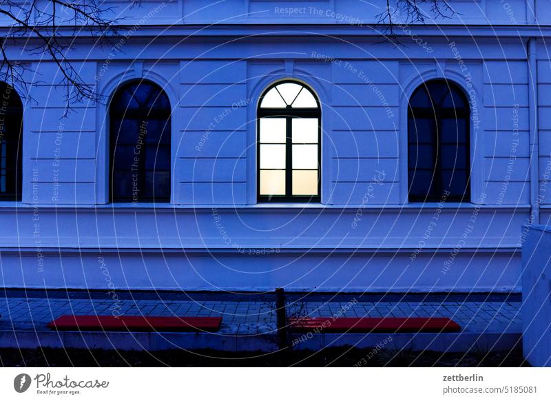 Illuminated window Window House (Residential Structure) Building Facade Light lit Bright Dark Evening Closing time Administration City hall Town Window frame