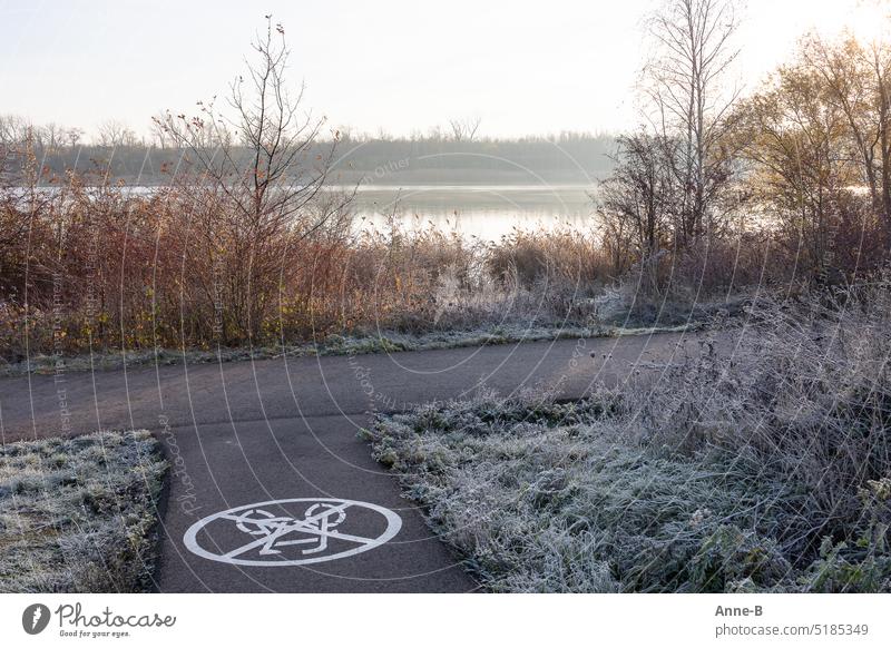 Landscape with lake just after sunrise in hoarfrost with an asphalt path where cycling is prohibited. Cycling prohibited Bicycle Bike ride bike tour forbidden
