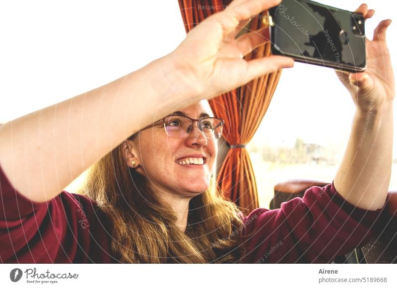 Look, it's beautiful here, isn't it!? Woman Young woman laughing smartphone voyage bus trip Video Selfie Smiling Telephone fortunate Happy vacation Lifestyle