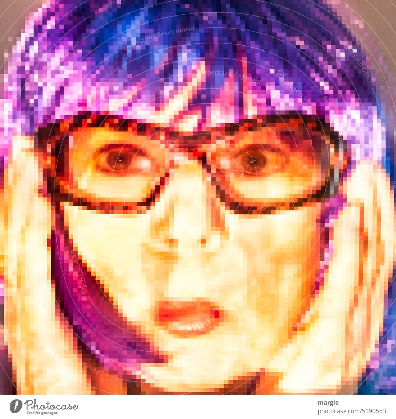 Horrified woman with glasses, pixelated Smiley Woman pixels pixelart Face Emotions Eyeglasses hands Feminine Looking Adults Hand on face Horror Human being