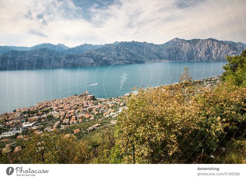 Block on Malcesine, Lake Garda and Limone Vantage point Wide angle Limone sul Garda Landscape Nature mountain Roof Water Large bank Town Peak Klainstadt Italy