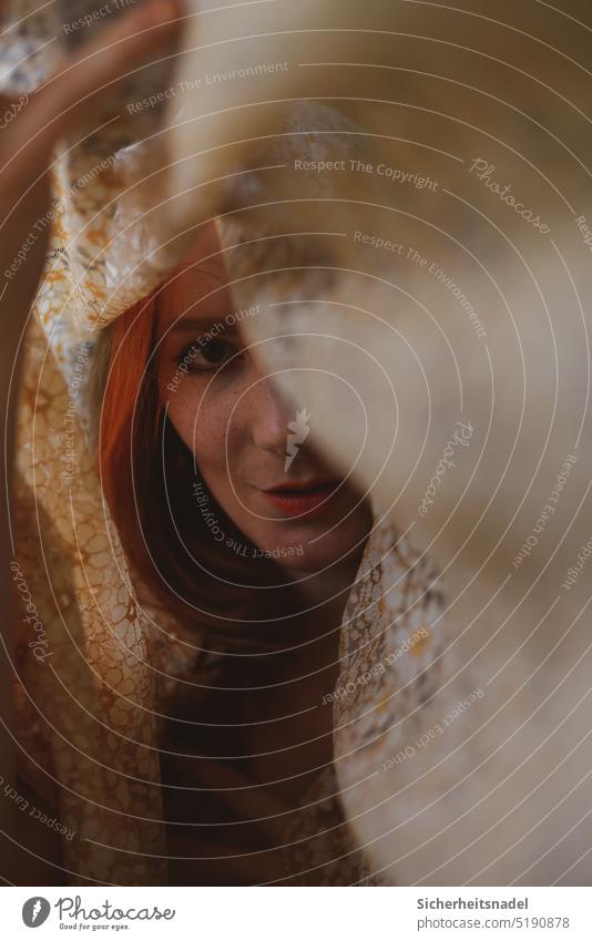 deep look wrapped Blanket Face Eyes Woman Human being pretty portrait Feminine Looking Head Looking into the camera lace ceiling Interior shot Mouth