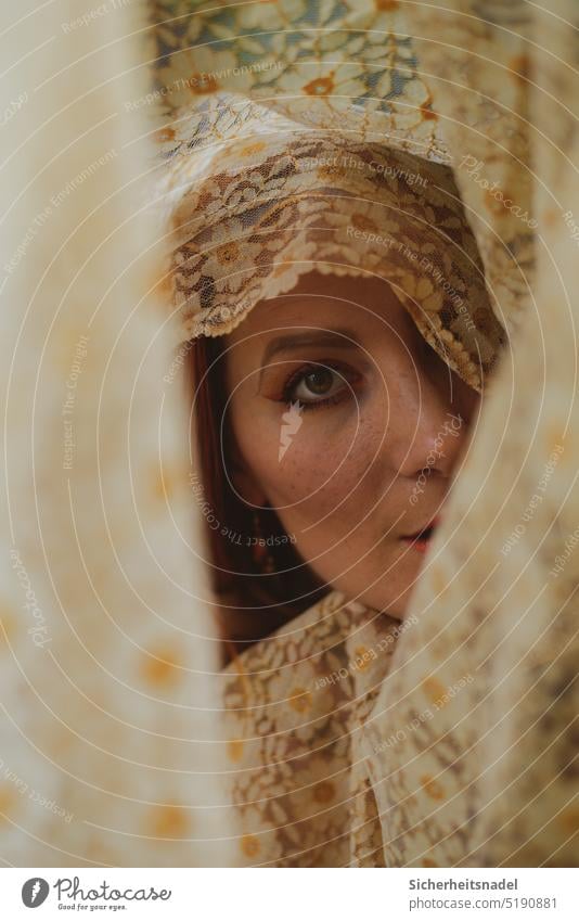 Face wrapped with lace blanket portrait Human being Woman Eyes Looking Point Curtain pretty Young woman Wearing makeup