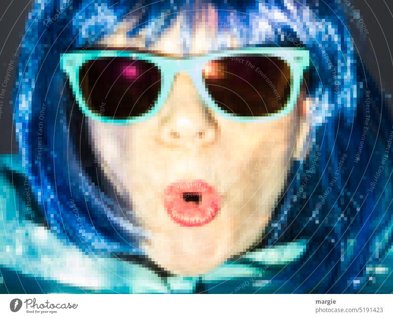 Oh! woman with blue hair and sunglasses pucker her mouth Woman Eyeglasses pixelart Adults Face Head Sunglasses Hair and hairstyles Blue Colour photo Smiley