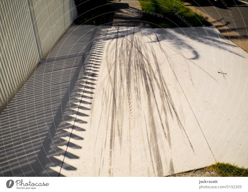 Wheel tracks on white background tyre track Gateway stockade Shadow play Sidewalk White Sunlight Silhouette Structures and shapes Gold Coast Queensland