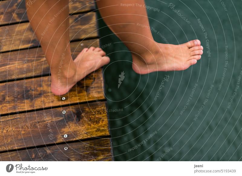 On the brink | short step to taking the plunge Stand Toes Barefoot Legs feet Human being Water Lake Wet Swimming & Bathing Refreshment Summer wooden walkway
