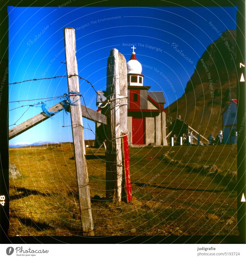 Iceland Selárdalur Church Horse Art Fence Barbed wire Mountain mountain westfjords Landscape Vacation & Travel variegated Analogue photo Square Sky