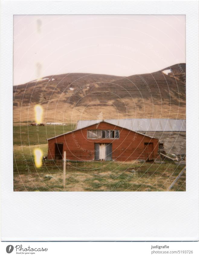 Polaroid of an Icelandic house House (Residential Structure) Building Hut Living or residing dwell Flake Barn Loneliness Nature Landscape Sky Meadow Moody door