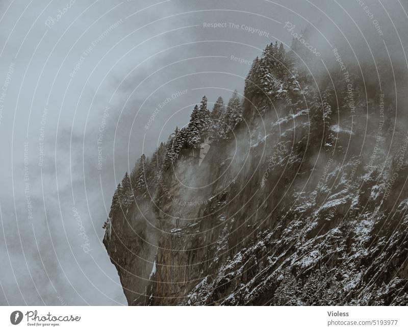 Image interference | Veiled Lauterbrunnen Switzerland mountains Clouds Fog Shroud of fog Alps Lauterbrunn valley steep rocks Rock Wall of rock clammy