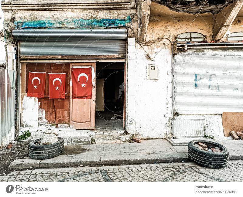 Turkey Istanbul flag Turkish Street Town run-down Construction site Tire Facade House (Residential Structure)