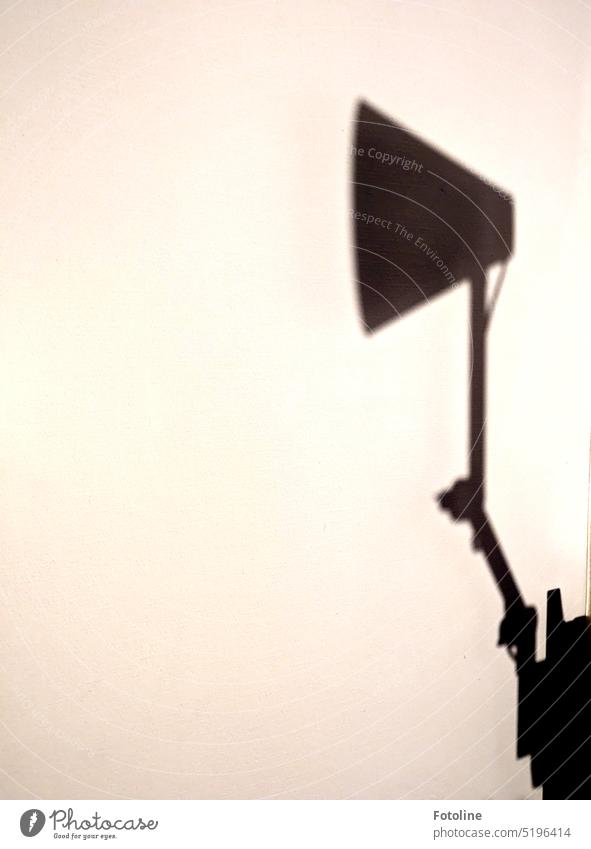 The shadow of a lamp on the wall. It proudly stretches its lampshade up into the air. Lamp Light Shadow Black Bright White Wall (building) Lighting