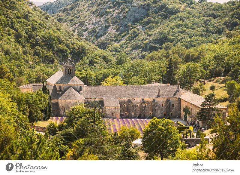 Notre-dame De Senanque Abbey, Vaucluse, France. Beautiful Landscape Lavender Field And An Ancient Monastery Abbaye Notre-dame De Senanque. travel france