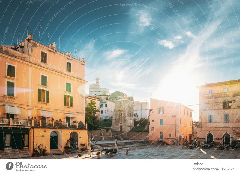 Terracina, Italy. Piazza Municipio And View Of Castle Castello Frangipane In Upper Town In Sunset Sunrise Time travel Famous Landmark Latina Province