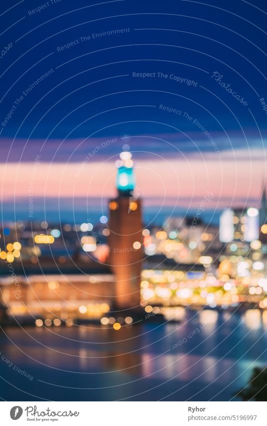 Stockholm, Sweden. Night Skyline Abstract Boke Bokeh Background. Design Backdrop. Tower Of Stockholm City Hall sweden Municipal Council town hall abstract