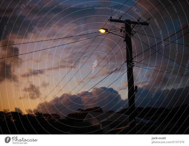 be illuminated in the evening before the night comes Evening evening mood Twilight Sunset Sky Clouds blue hour Electricity pylon Light (Natural Phenomenon)