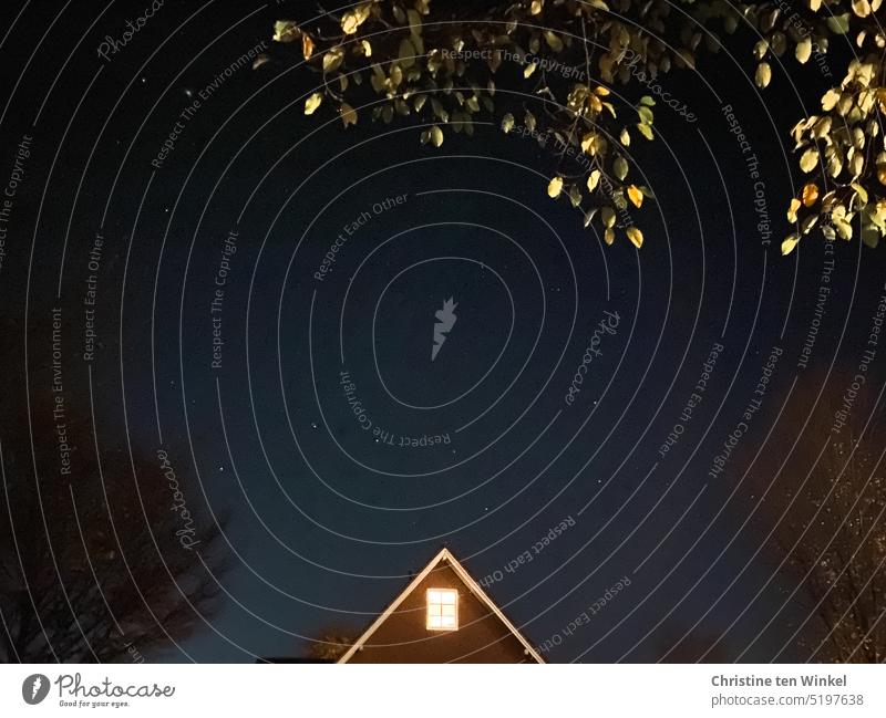 The constellation "Big Dipper" in the night sky above a house gable with illuminated window and framed by trees Big car Constellation Big Dipper Night sky stars