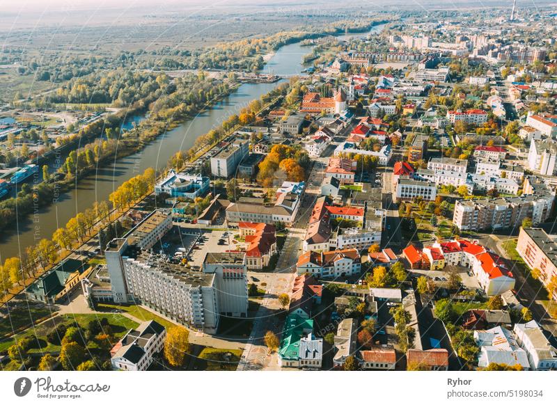 Pinsk, Brest Region, Belarus. Pinsk Cityscape Skyline In Autumn Morning. Bird's-eye View Of Residential Districts And Downtown Brest region Polesia aerial