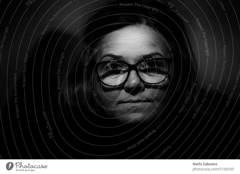 portrait of woman with glasses black and white vignette look looking Portrait photograph casual Eyes Black Dark Nose White Lips Human being Feminine Adults Face