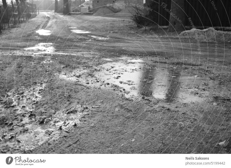 frozen puddle, country road, village pathway, gravel road, tree reflection, wintertime black and white damage environment frozen water ice on road