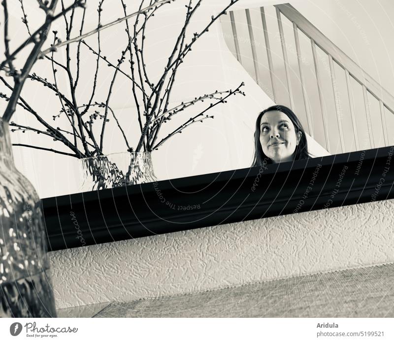 small mirror image of woman's face with branches No. 1 Woman portrait Human being Black & white photo Looking Face Interior shot Head Mirror Mirror image