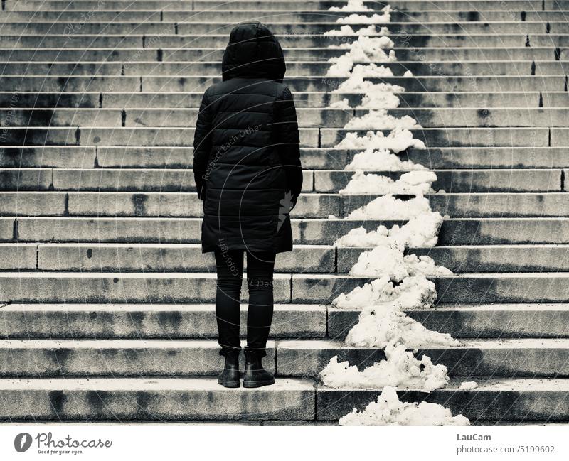 Turn of the year - Winter is leaving Snow Stairs snow removal Winter maintenance program melt Melt White shape person Silhouette back view sad sad attitude