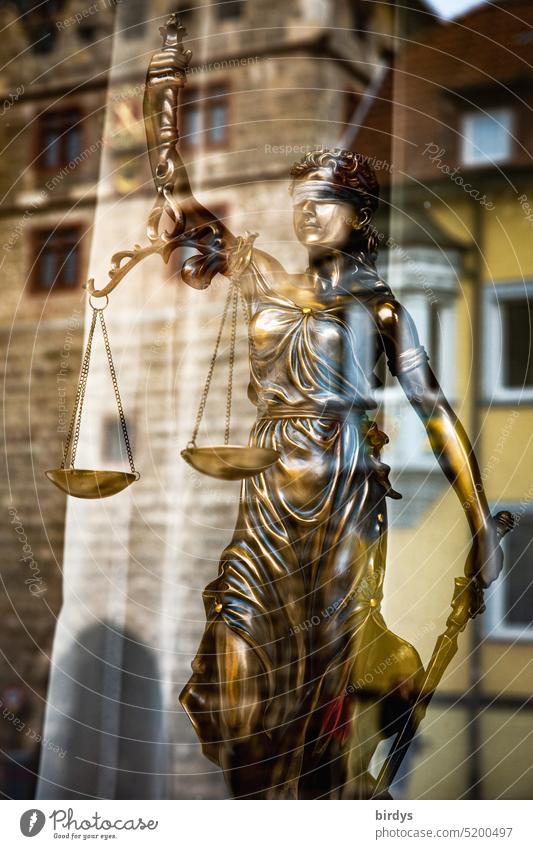 Justitia, figure behind a glass pane with reflection Lady Justice Fairness judiciary Figure Law Balance tribunal symbol Scale Neutral Window Glass neutrality