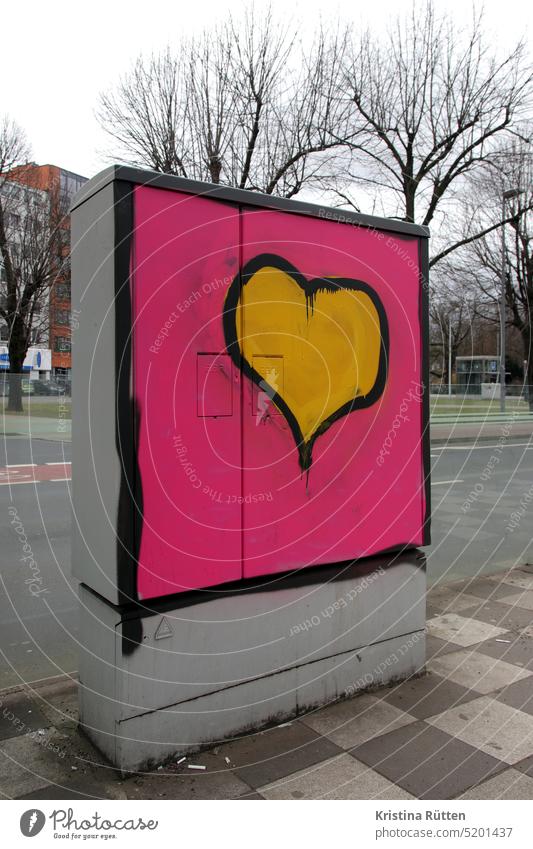 urban love - heart on power box Heart Graffiti street art Love Sign symbol Street out romantic In love Sincere Town sprayed Sprayed Colour pink Yellow