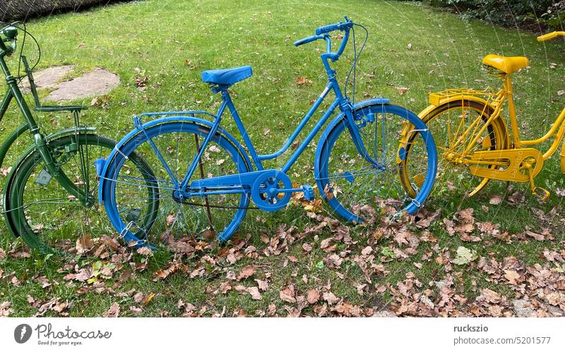 Colorful bicycles, art Flashy Ghost wheels Bicycle gear wheel Adorned Jewellery Fence Fenced in Stand variegated Colour Design Art Funny publicity attractive