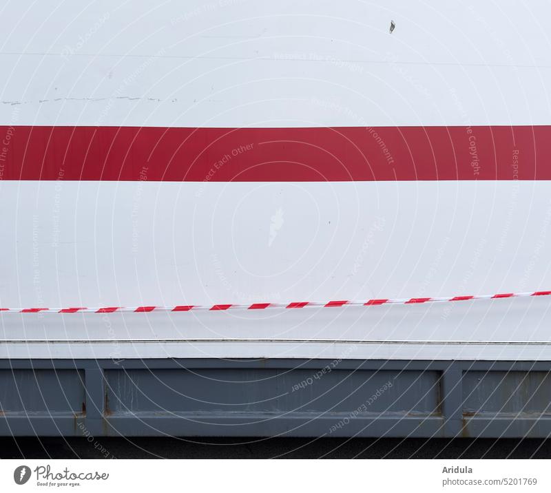 red stripe on white wall with barrier tape containers Stripe Red White Gray Reddish white Deserted flutterband