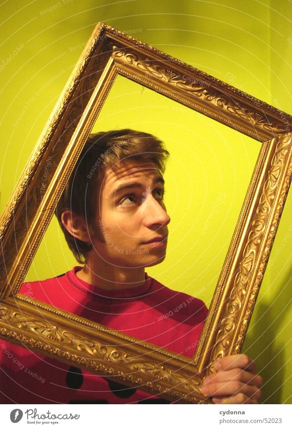 The colorful-living picture Portrait photograph Man Fellow Green Picture frame Ancient Style Things Human being Decoration Gold Facial expression Think