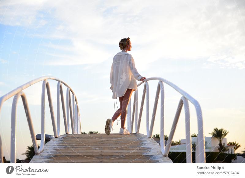 Young woman standing on bridge in summer outfit portrait Young gray Summer Bridge Ease Colour photo Human being Joie de vivre (Vitality) Exterior shot Happiness