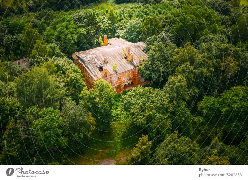 Dziemjanki, Gomel Region, Belarus. Aerial View Of Abandoned Dilapidated Manor House Gerard Nicholas Chernobyl Resettlement Zone. Chornobyl Catastrophe Disasters. Local Landmark And Heritage