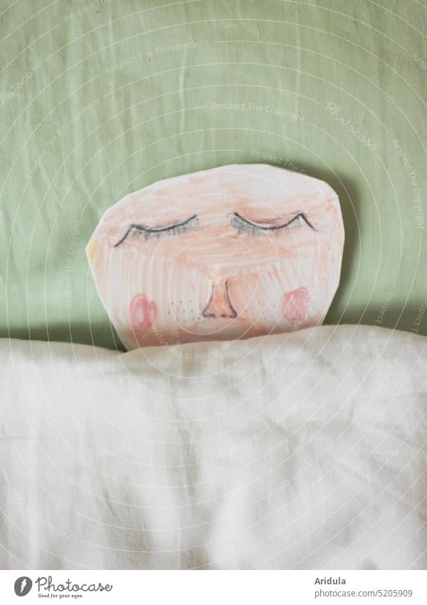 Stay in bed today | drawn face lies in bed covered up to the nose Bed Drawing Face Child Sleep Nose eyes rest Pink Mint green Pillow Duvet Morning tranquillity