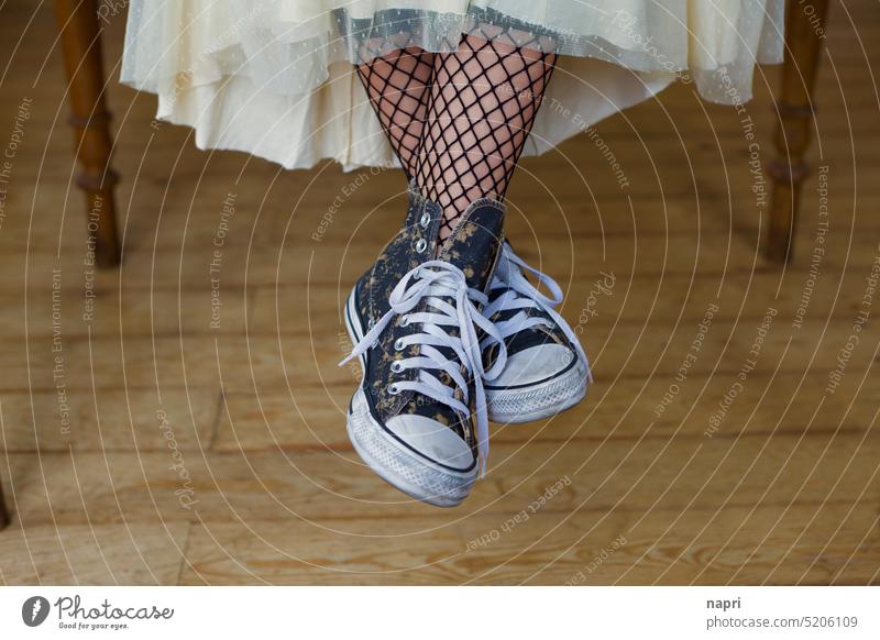 wild mix | legs and feet dressed in skirt with tulle, fishnet stockings and chucks Fashion Legs Chucks Fishnet stockings Skirt Wild Feminine youthful Headstrong