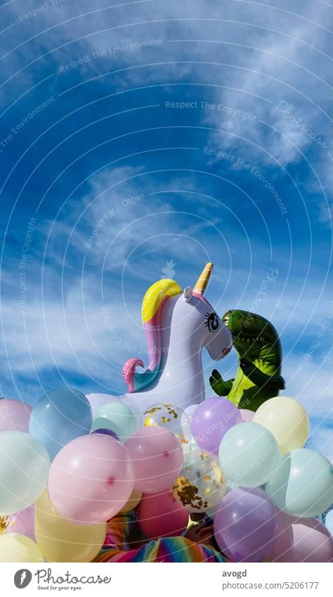 Unicorn and dino meet on cloud made of balloons. unicorn Dino Dinosaur Balloon variegated Sky cirrostratus cloud glitter Fairy dust Prismatic colors Pink
