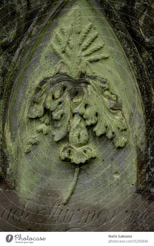 Gravestone with flower decoration at the old cemetery. Ancient Antique Antiquity background Carved Cemetery Christianity Close-up Cross Crucifix Desolate Faded
