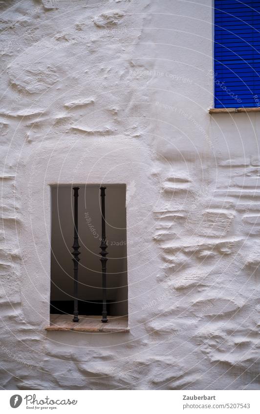 Window and blue shutter on white facade with structures reminds abstract painting Shutter White Gray Blue Abstract Yves Rectangle rectangular Facade structured