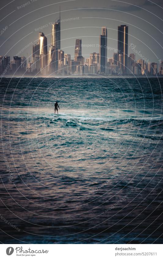 A lonely surfer against the backdrop of Surfers Paradise. Surfboard Waves Aquatics Lifestyle Surf Waves coast Athletic Surfers who go into the sea Water Sports