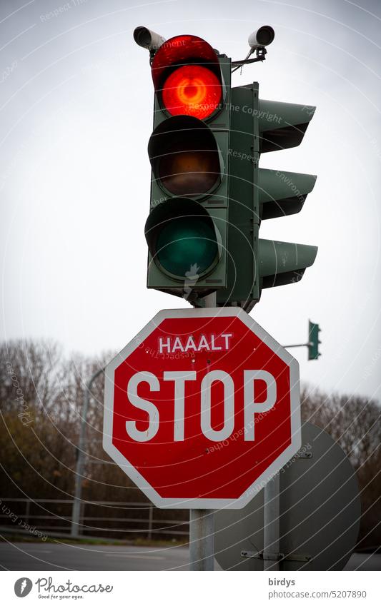 red traffic light with stop sign and the inscription HAAALT Hold Traffic regulation Road sign Safety Excessive Exaggerate prevent Traffic light Red Illuminate