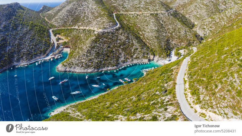 Greece. Aerial view of beautiful Porto Vromi with many fisher and tourist pleasure boats in the blue bay. Zakynthos - Zante island beach aerial zakynthos greece