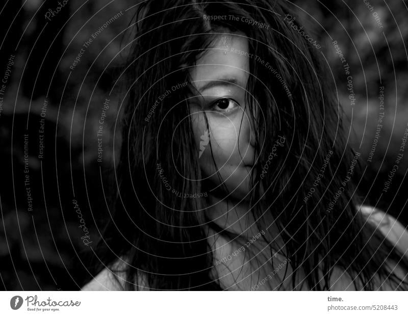 Woman in rain Meditative Looking melancholy emotionally Moody Dark somber Dark-haired Long-haired feminine Rain Feminine Protection Safety Hide