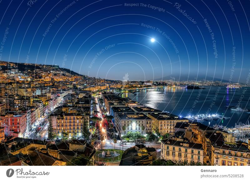 Panoramic view of Naples city by night, Italy aerial famous mediterranean italian panoramic building europe architecture tourism bay beautiful boats buildings