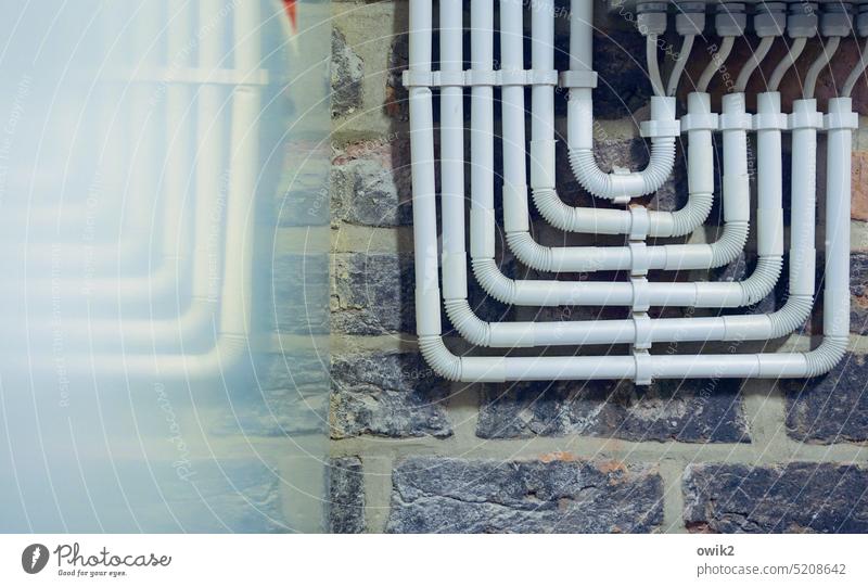 installation central heating Pipe Detail Arrangement Competent Dependability Metal pipes Long shot Colour photo Deserted Close-up Heating Wall (building)