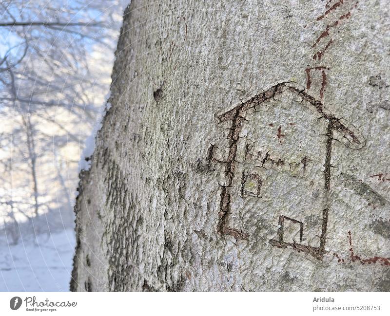 Tree house No. 2 House (Residential Structure) Winter Snow Forest Drawing Tree bark Tree trunk carve Climate Heat Heating Chimney Environment Cold Energy