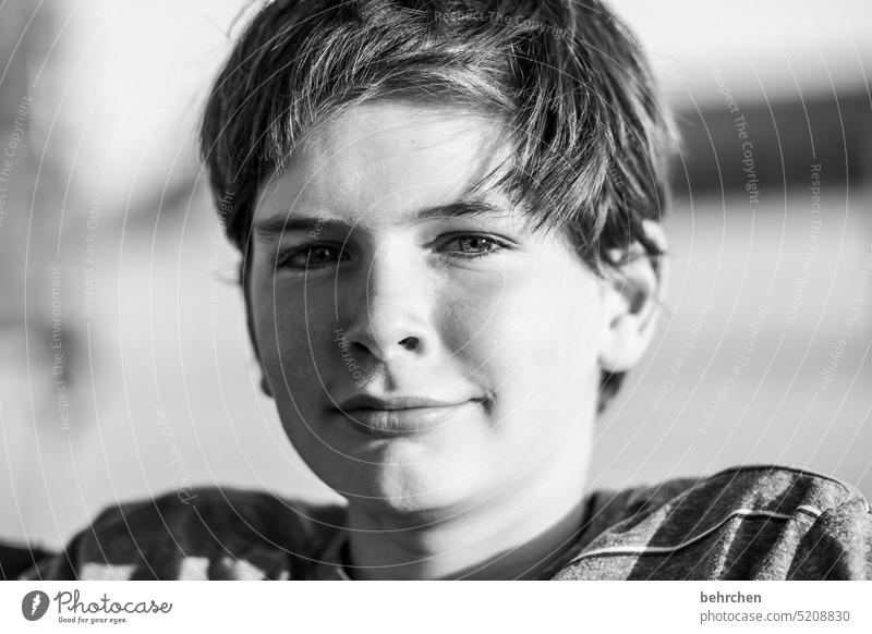 . Black & white photo Son Intensive Face portrait Infancy Child Boy (child) Close-up Family & Relations Brash Cool (slang) teenager adolescence Smiling kind