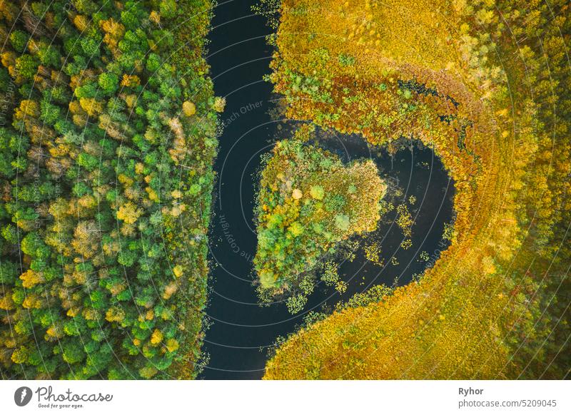 Aerial View Of Summer Curved River And Natural Island In Heart Shape. Landscape In Autumn Evening. Top View Of Beautiful Nature From High Attitude In Summer Season
