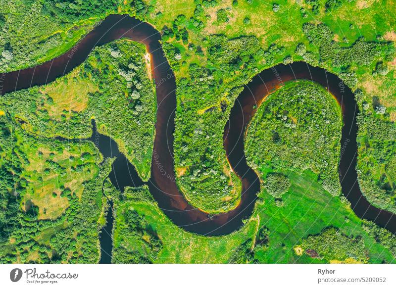 Aerial View Of Summer S Curved River Landscape In Sunny Summer Day. Top View Of Beautiful European Nature From High Attitude In Summer Season. Drone View. Bird's Eye View.