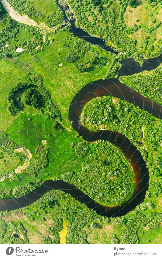 Aerial View Of Summer Curved River Landscape In Sunny Summer Day. Top View Of Beautiful European Nature From High Attitude In Summer Season. Drone View. Bird's Eye View.