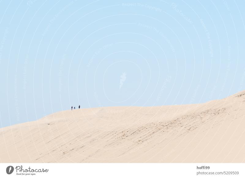 three people walking on a dune under cloudless sky Human being Hiking Expedition Drought Desert Hot Warmth Sun Summer Landscape Sand Sunlight Panorama (View)