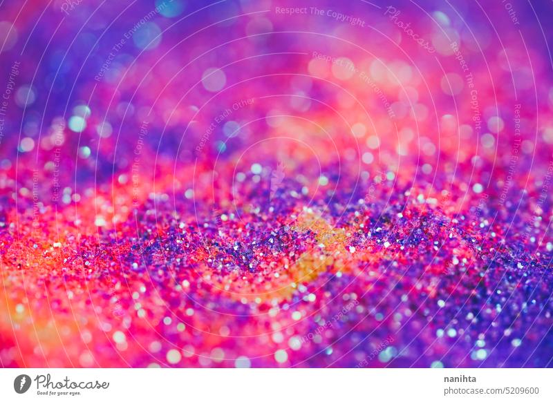 Real macro photography of colorful and shiny glitter party background bokeh sparkles texture shine joy happiness close close up surface plastic microplastic